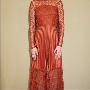 ASOS rust satin pleated and lace formal dress.
